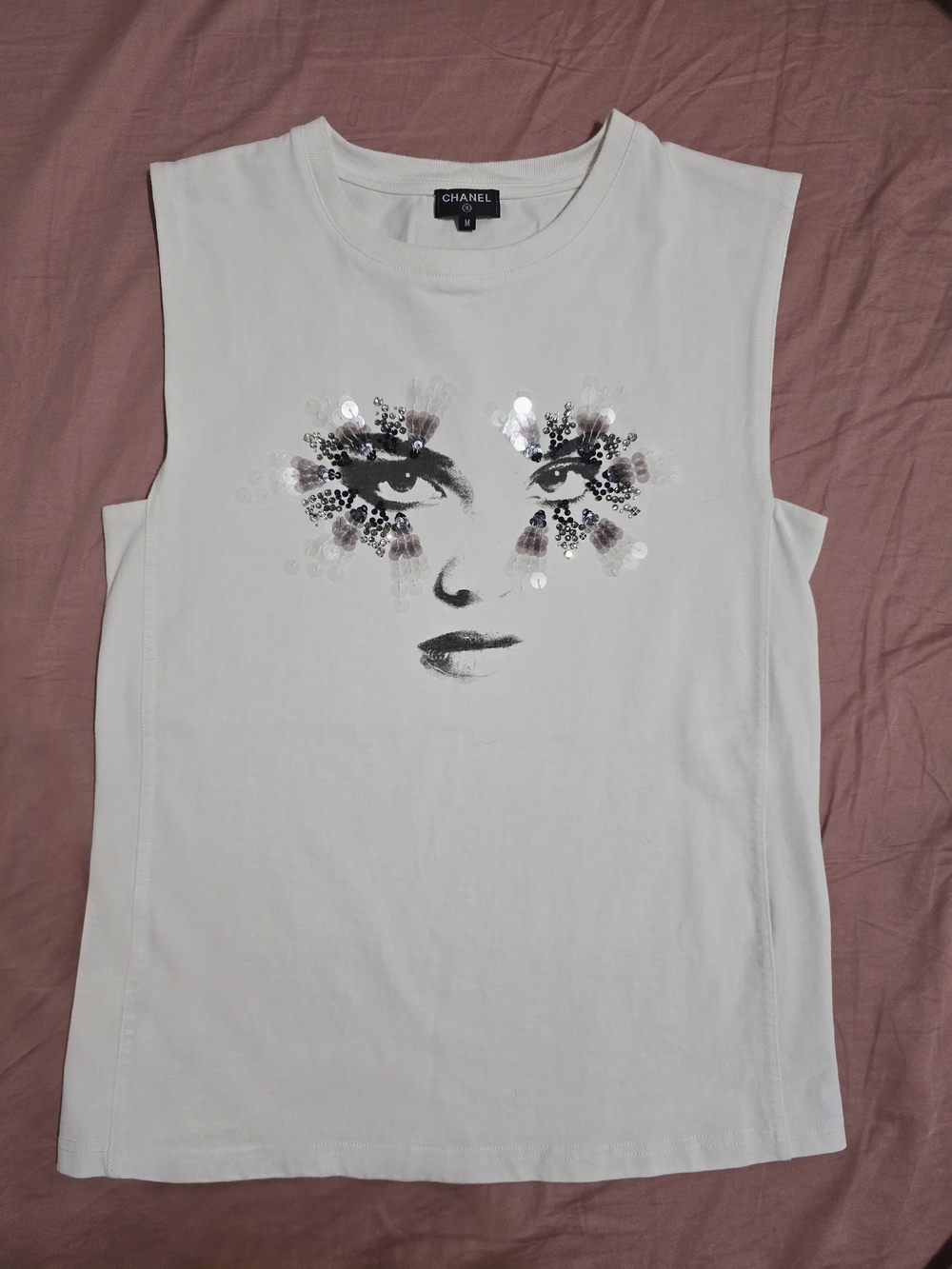 CHANEL White Sleeveless Sequin Face Graphic Muscle Tee 22C Medium